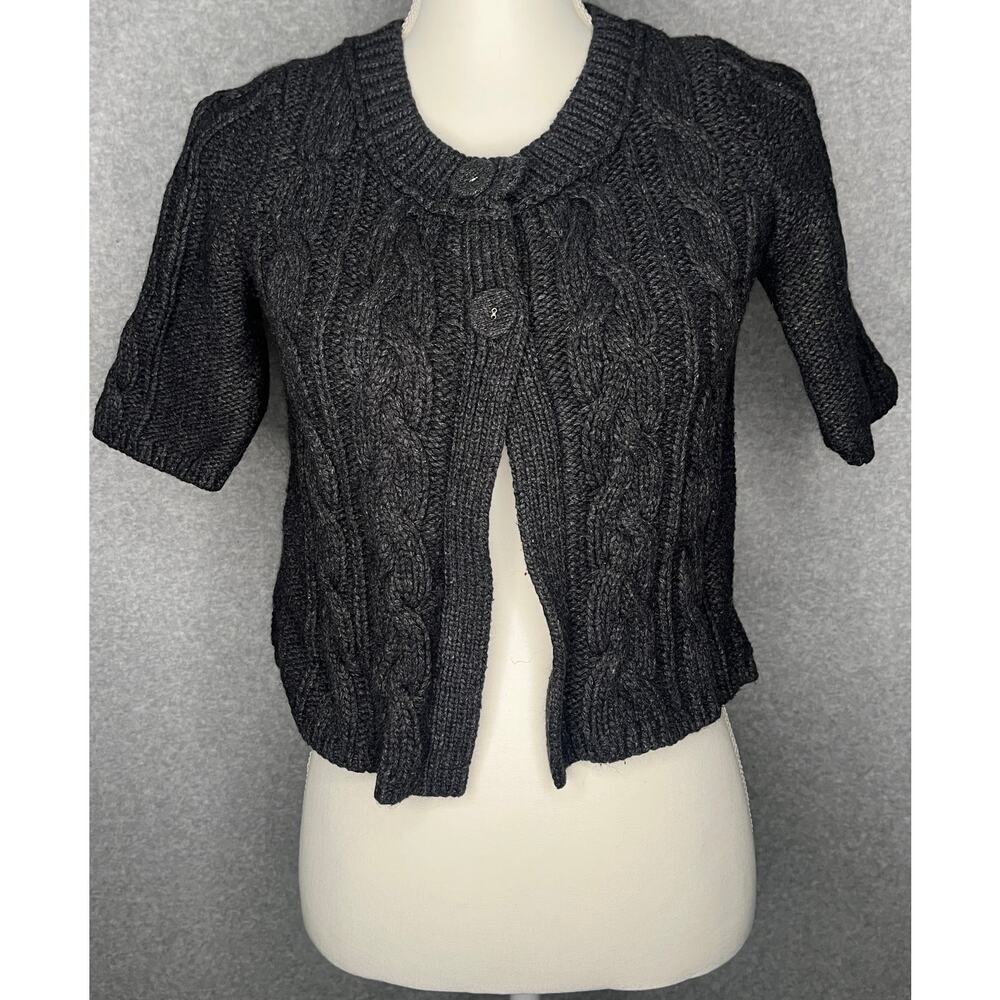 American Eagle women charcoal grey crop 3/4sleeve cable knit cardigan sweater M